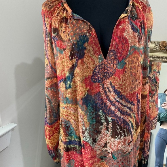 A.L.C. Metallic Floral V-Neck Silk Tunic Blouse Long Sleeve Size 8 Multicolor - Picture 2 of 3